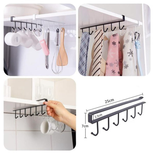 6-hook Under-the-shelf Mug Rack Kitchen Hanging Organizer (random Color)